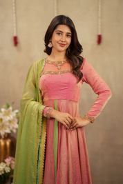 Keshwini Orange Handwoven Pure Silk Anarkali Dress