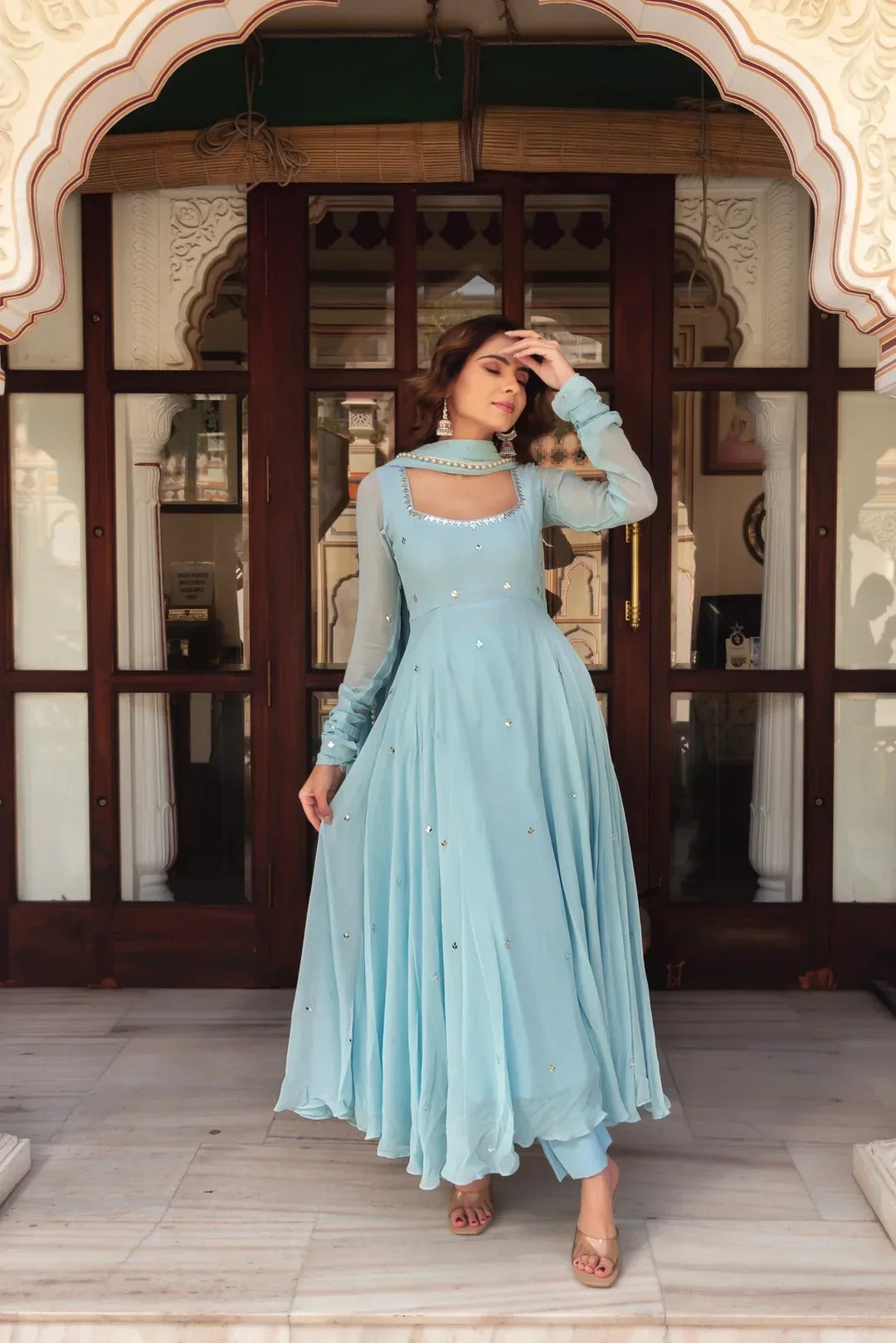 Sky Blue Floral Kurta Pant Set With Dupatta for Women