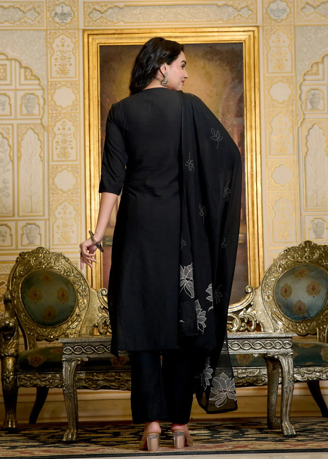 Black Cotton Embroidered GOWN with Dupatta