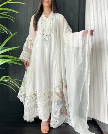 Maira White Mirror Embroidered A-Line Dress Suit