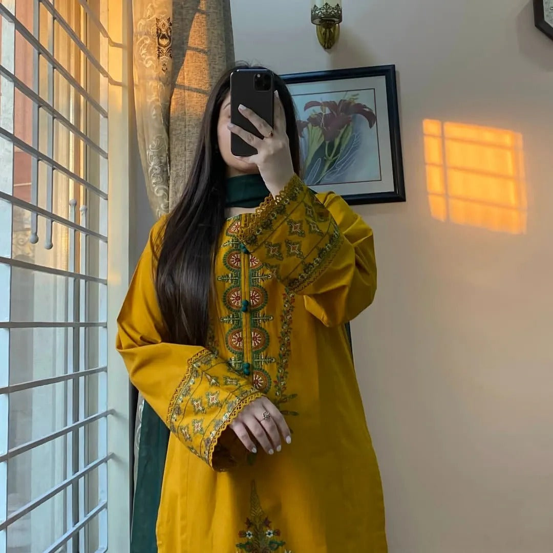 Cananry Mustard Embroidered 3PC – Hand Stitch