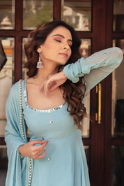 Sky Blue Floral Kurta Pant Set With Dupatta for Women