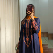 Navy Blue Embroidered frock 3PC – Traditional Wear for Women