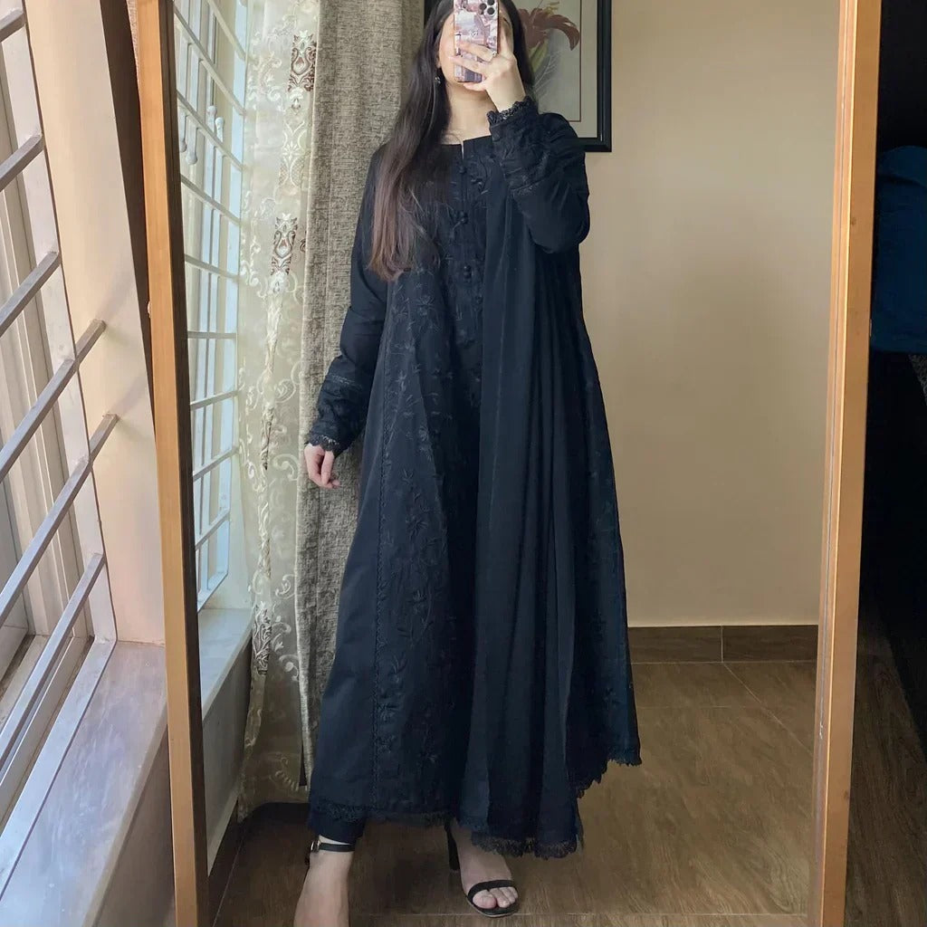 Black Self Embroidered – Kurta Set with Teal Dupatta