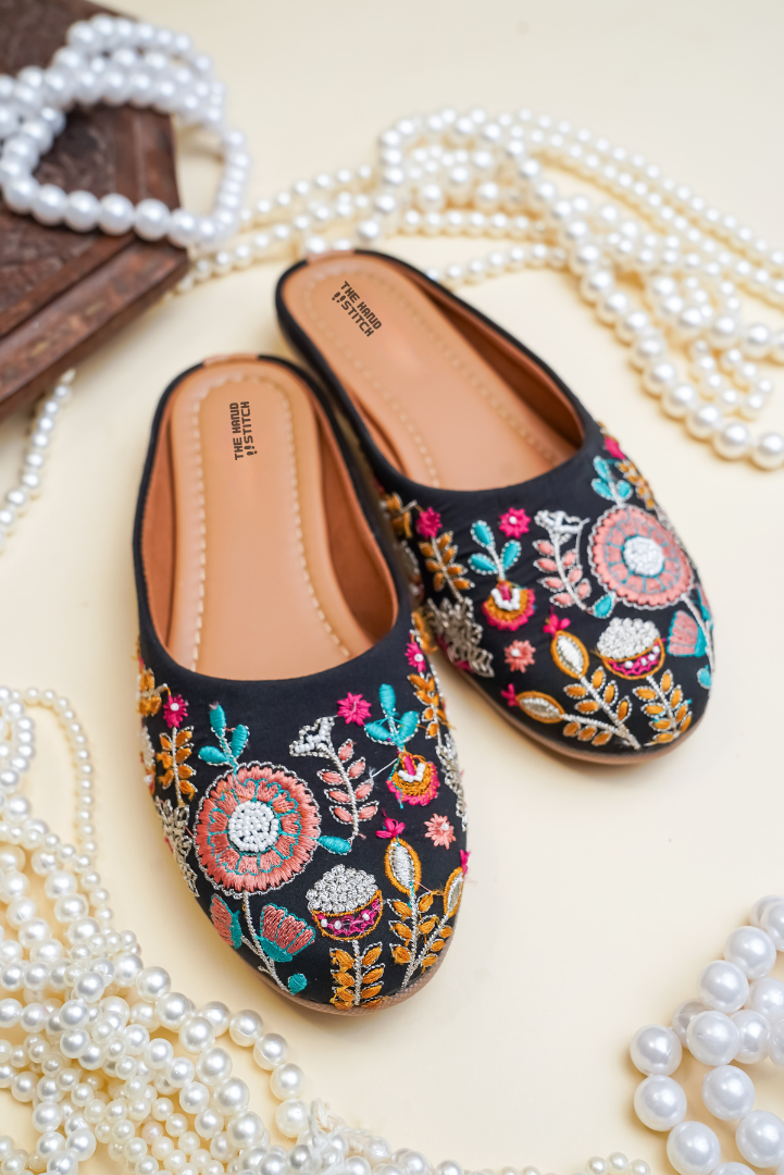 Black Multicolor Floral Embroidered Juttis for Women