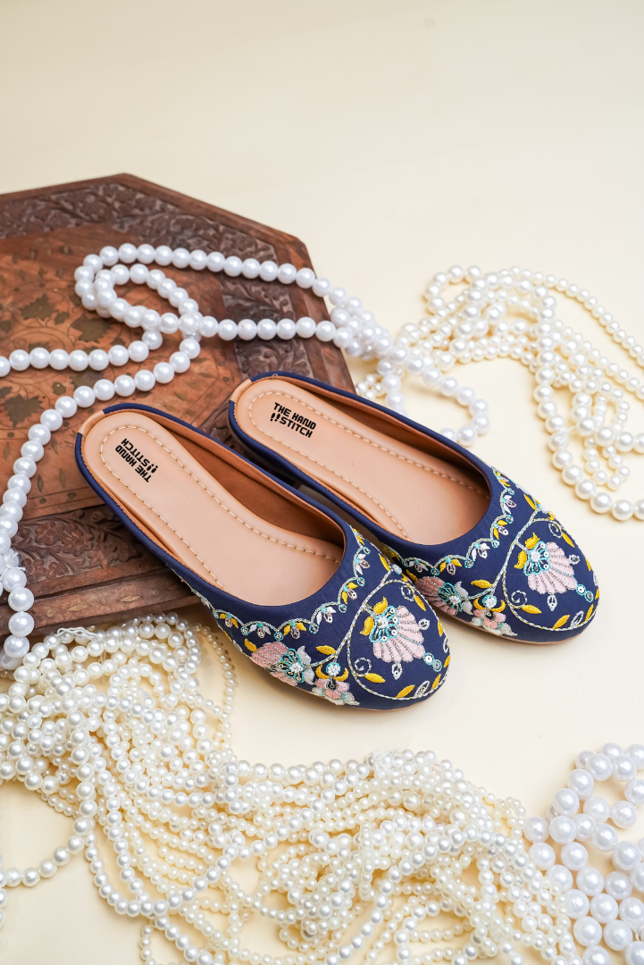 Navy Blue Floral Embroidered Juttis for Women