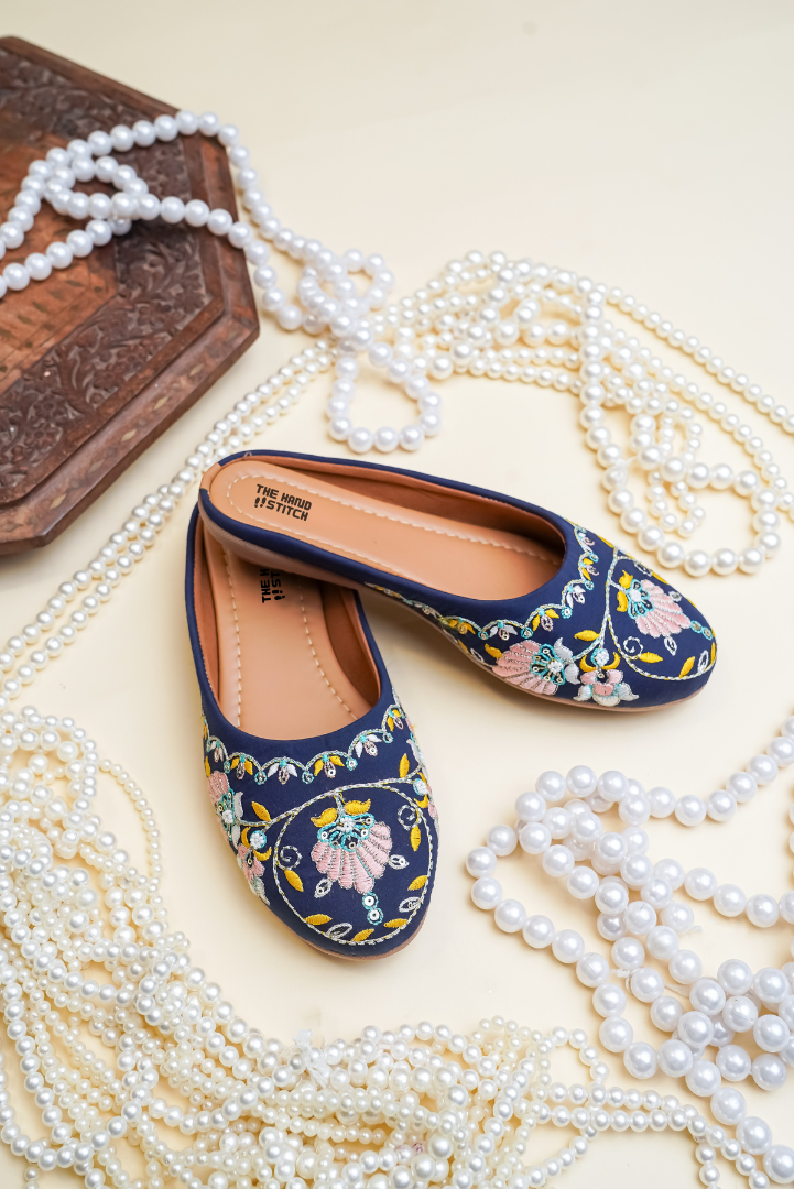 Navy Blue Floral Embroidered Juttis for Women
