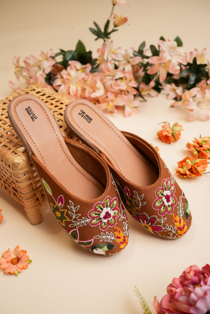 Brown Multicolor Floral Embroidered Juttis for Women
