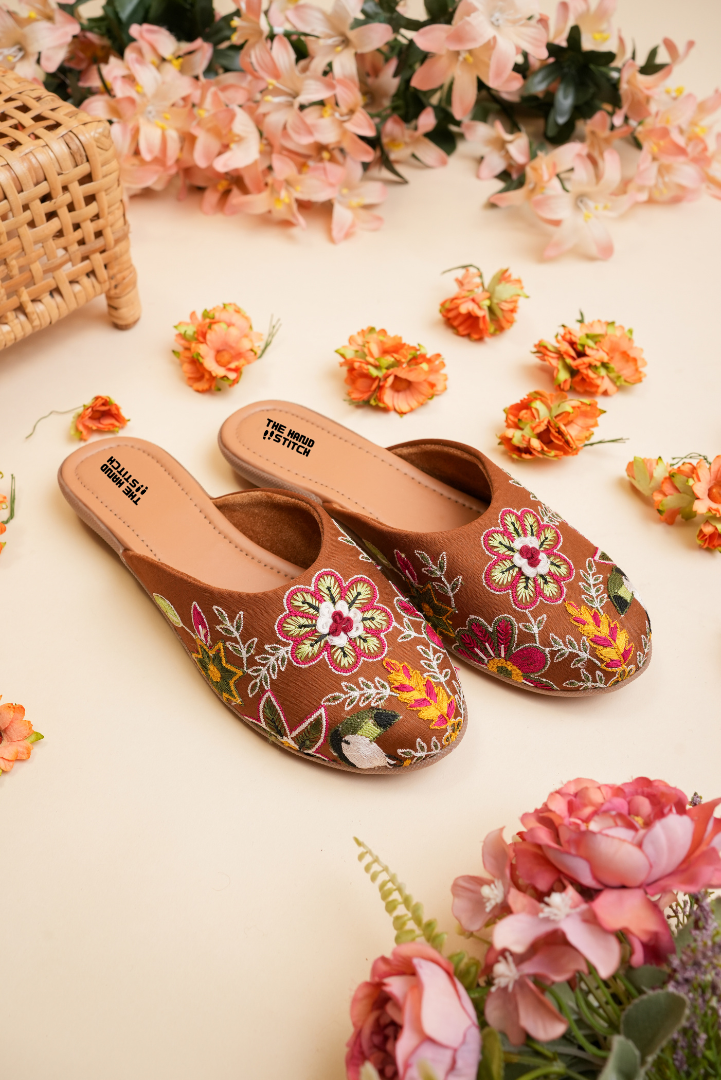 Brown Multicolor Floral Embroidered Juttis for Women