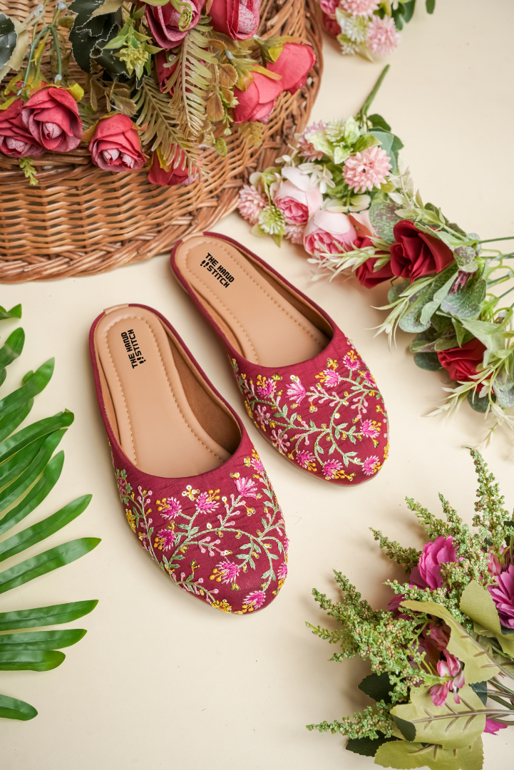 The Hand Stitch Maroon Floral Embroidered Women Juttis