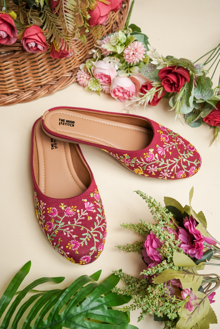 The Hand Stitch Maroon Floral Embroidered Women Juttis