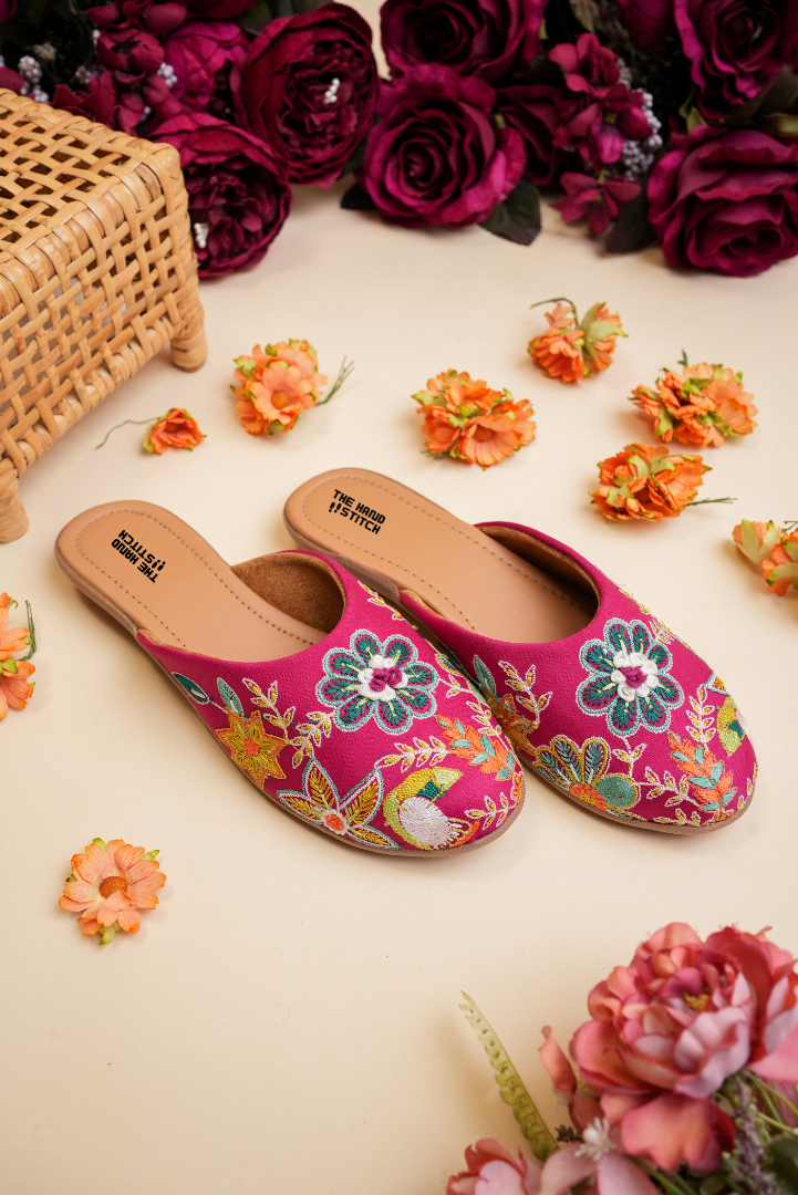 The Hand Stitch Pink Floral Embroidered Women Juttis