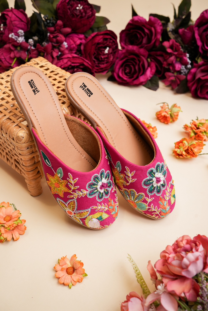 The Hand Stitch Pink Floral Embroidered Women Juttis