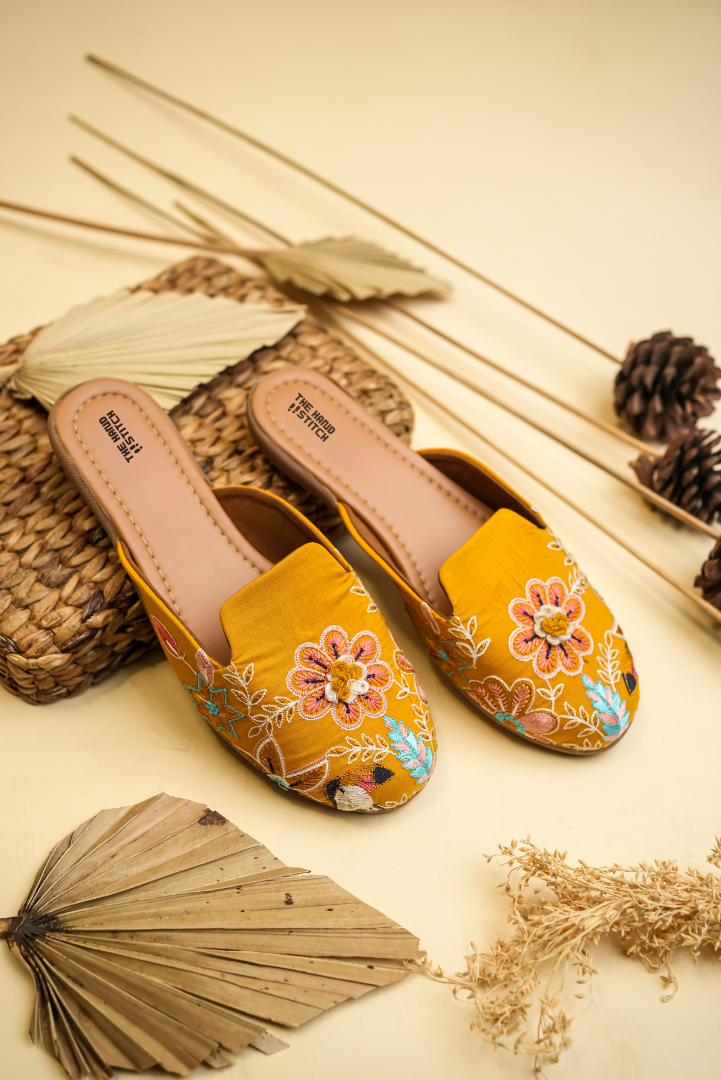 Mustard Floral Embroidered Juttis for Women