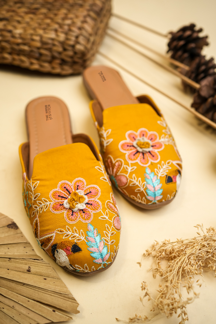Mustard Floral Embroidered Juttis for Women