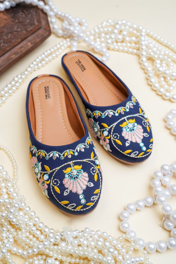 Navy Blue Floral Embroidered Women Juttis