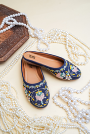 Navy Blue Floral Embroidered Women Juttis