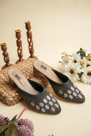 Women's Black Siroski Work Heels Luxury Stone Studded Ethnic Mules