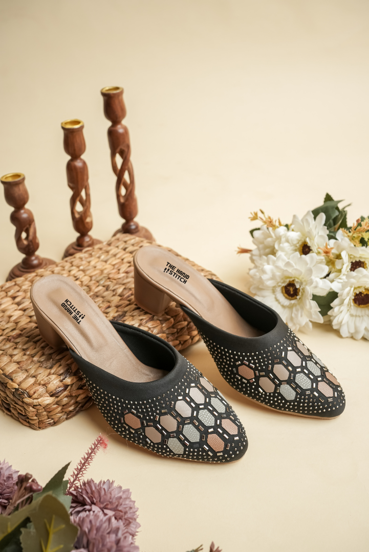 The Hand Stitch Women's Black Siroski Work Heels Luxury Stone Studded Ethnic Mules