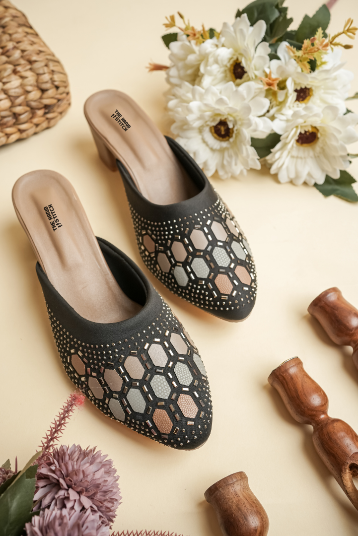 The Hand Stitch Women's Black Siroski Work Heels Luxury Stone Studded Ethnic Mules