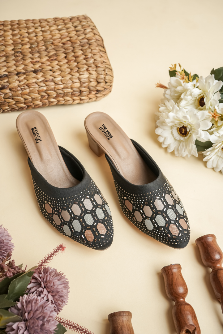 Women's Black Siroski Work Heels Luxury Stone Studded Ethnic Mules