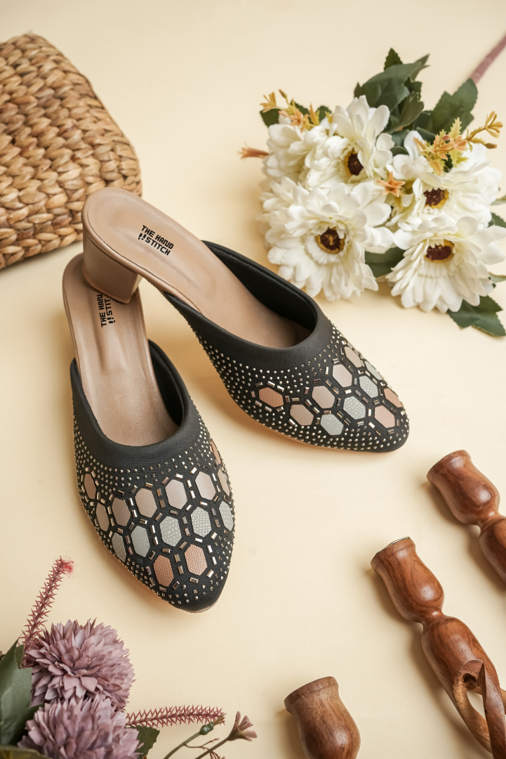 Women's Black Siroski Work Heels Luxury Stone Studded Ethnic Mules