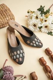 Women's Black Siroski Work Heels Luxury Stone Studded Ethnic Mules