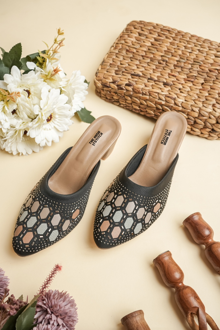Women's Black Siroski Work Heels Luxury Stone Studded Ethnic Mules