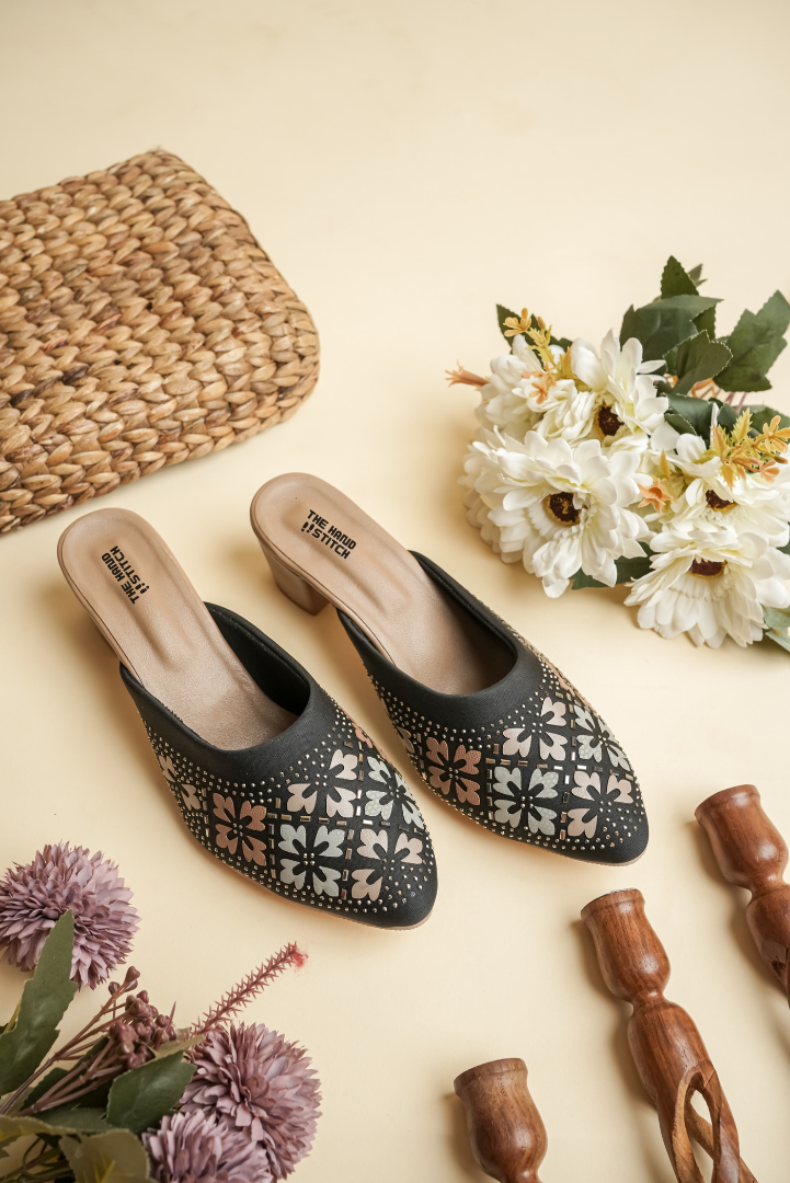 Black Multicolor Floral Embroidered Block Heel Slides for Women