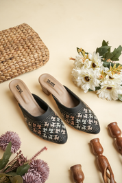 Black Multicolor Floral Embroidered Block Heel Slides for Women