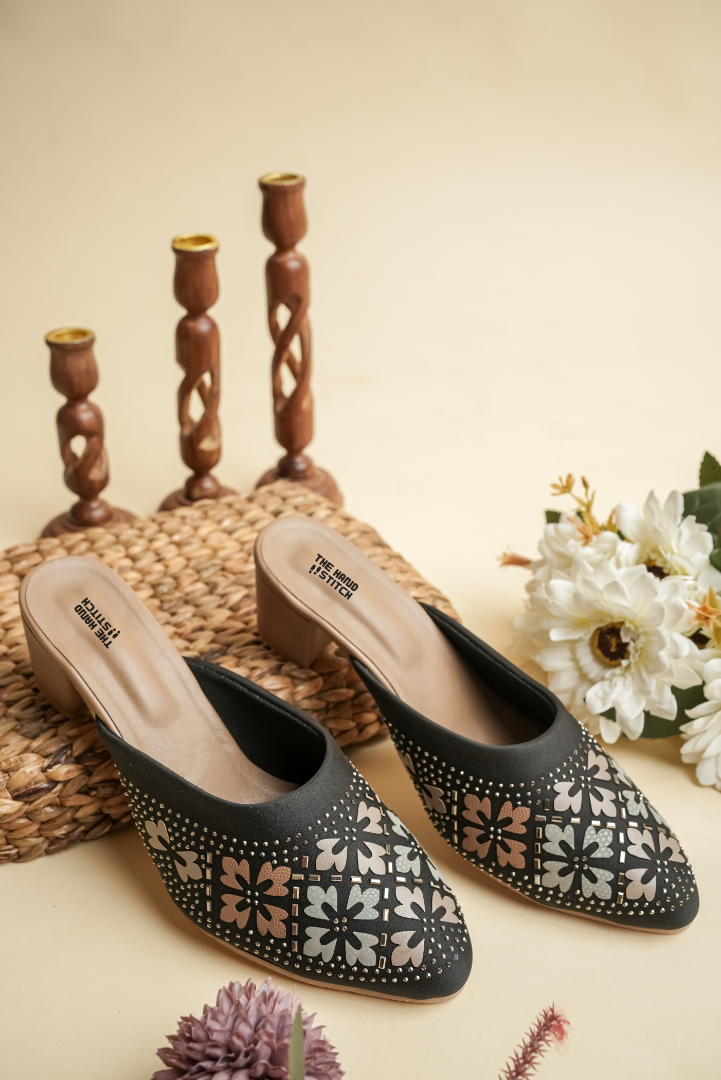 Black Multicolor Floral Embroidered Block Heel Slides for Women