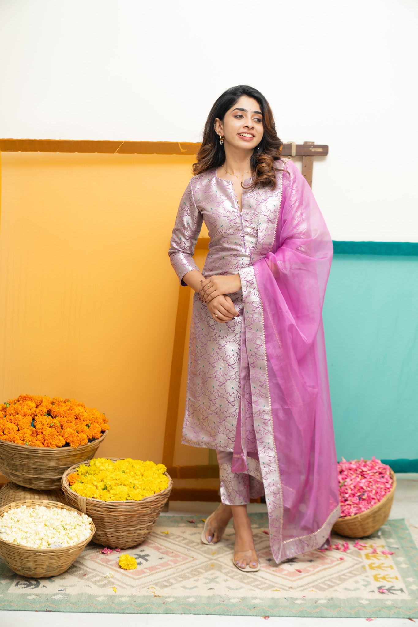 Lavender Jacquard Kurta Set for Women Festive Ethnic Suit with Organza Dupatta