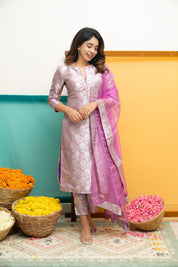 Lavender Jacquard Kurta Set for Women Festive Ethnic Suit with Organza Dupatta