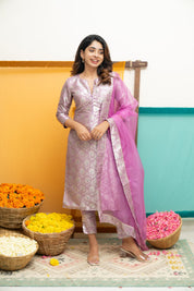 Lavender Jacquard Kurta Set for Women Festive Ethnic Suit with Organza Dupatta