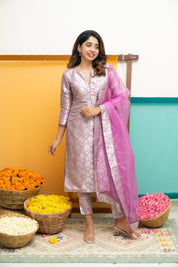 Lavender Jacquard Kurta Set for Women Festive Ethnic Suit with Organza Dupatta