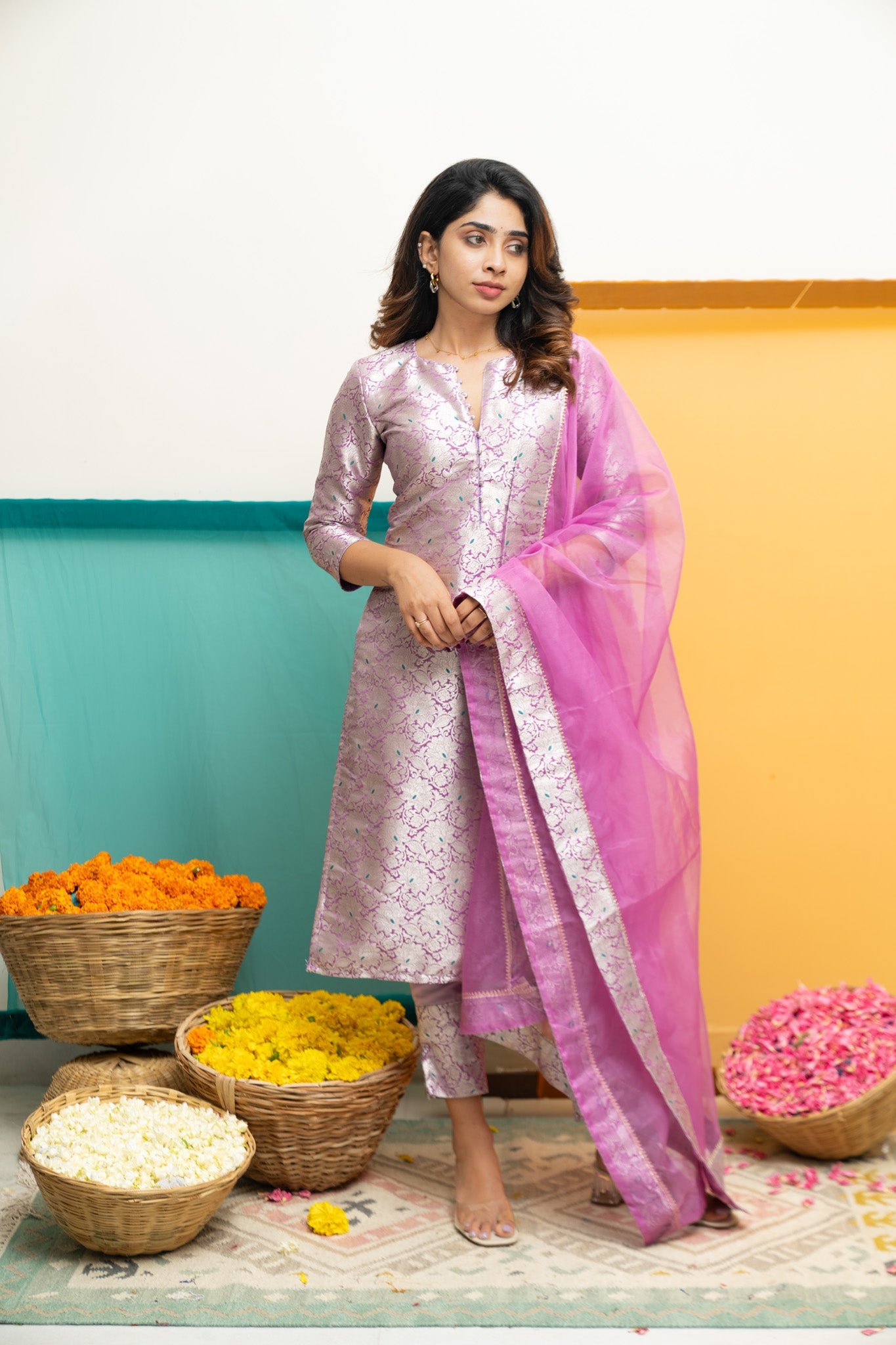 Lavender Jacquard Kurta Set for Women Festive Ethnic Suit with Organza Dupatta