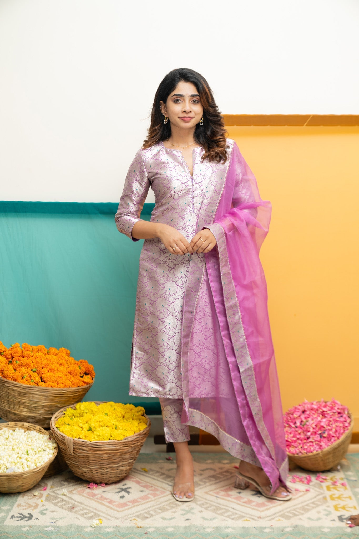 Lavender Jacquard Kurta Set for Women Festive Ethnic Suit with Organza Dupatta
