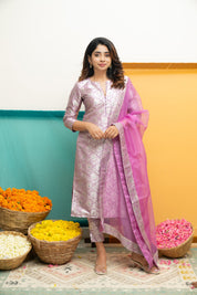 Lavender Jacquard Kurta Set for Women Festive Ethnic Suit with Organza Dupatta