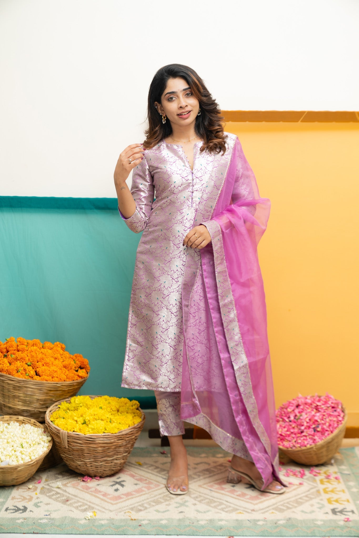 Lavender Jacquard Kurta Set for Women Festive Ethnic Suit with Organza Dupatta