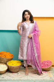 Lavender Jacquard Kurta Set for Women Festive Ethnic Suit with Organza Dupatta