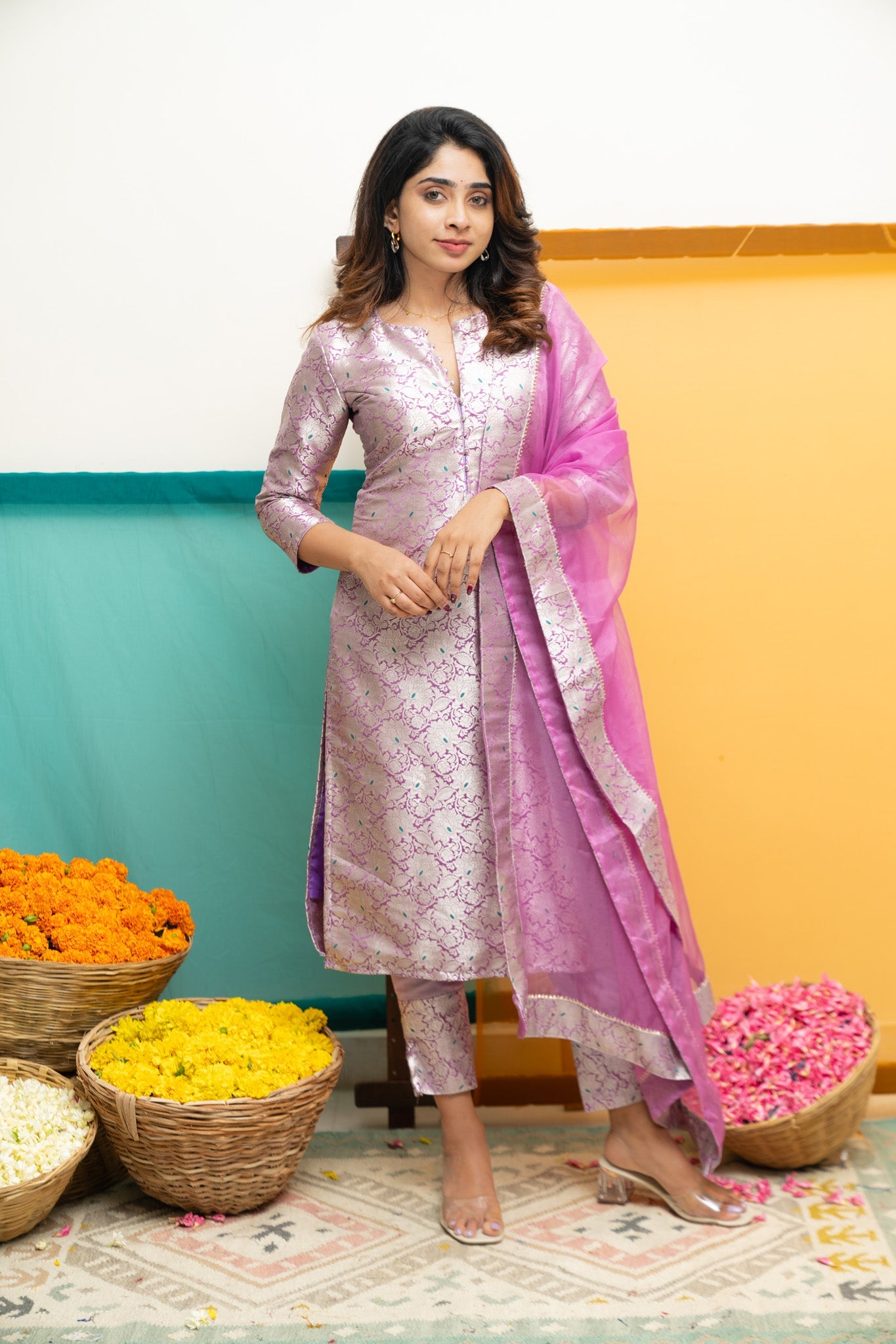 Lavender Jacquard Kurta Set for Women Festive Ethnic Suit with Organza Dupatta