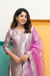 Lavender Jacquard Kurta Set for Women Festive Ethnic Suit with Organza Dupatta