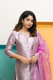 Lavender Jacquard Kurta Set for Women Festive Ethnic Suit with Organza Dupatta