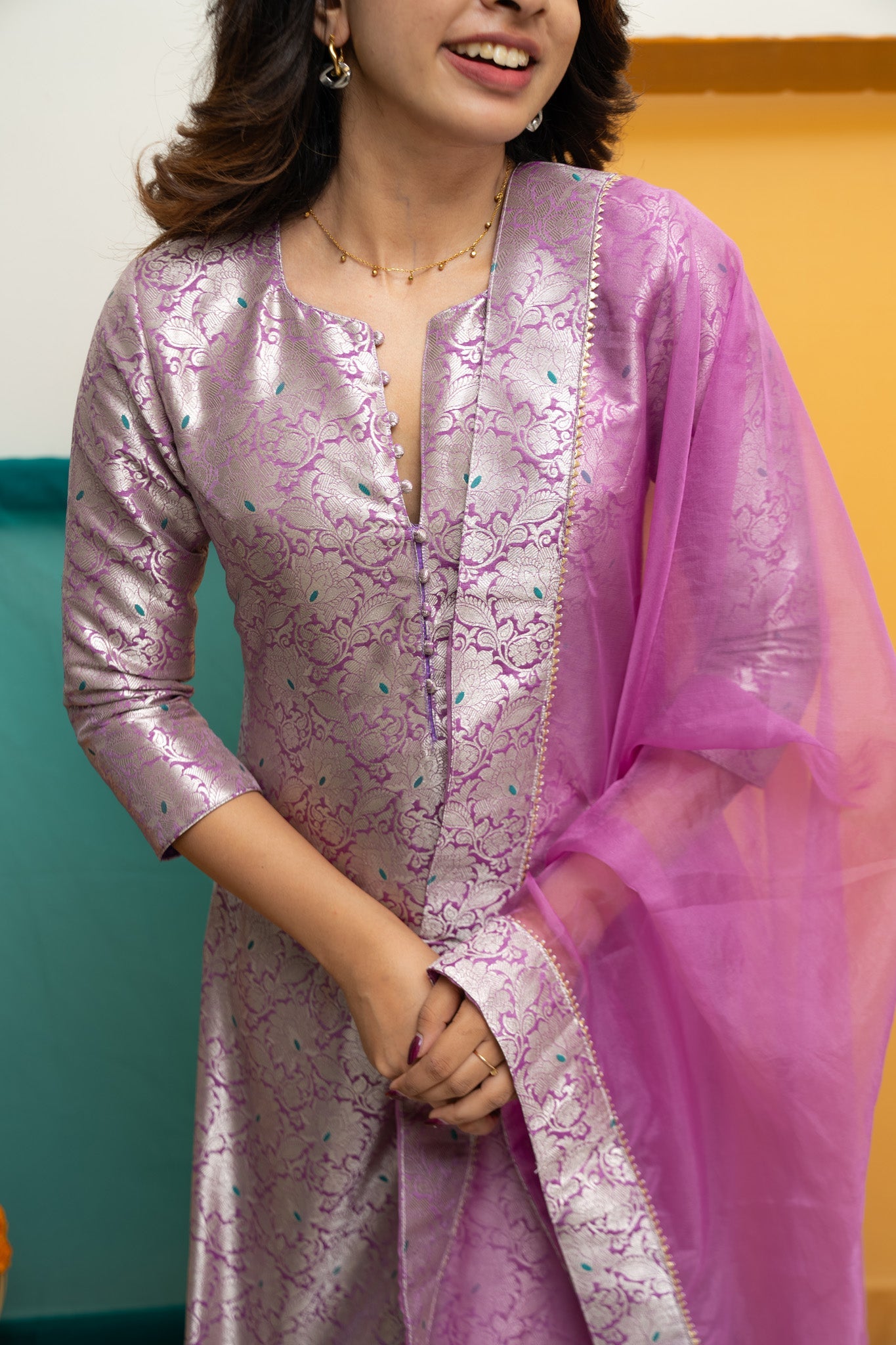 Lavender Jacquard Kurta Set for Women Festive Ethnic Suit with Organza Dupatta