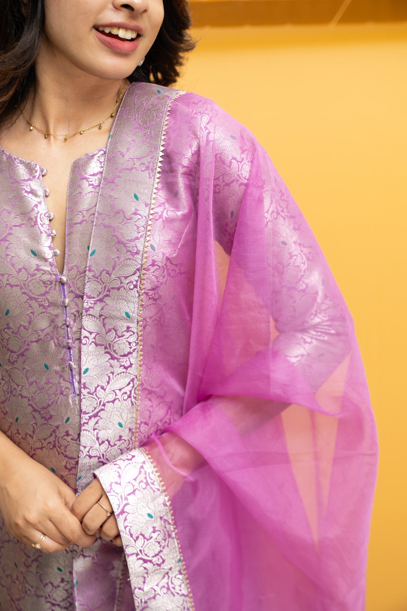 Lavender Jacquard Kurta Set for Women Festive Ethnic Suit with Organza Dupatta