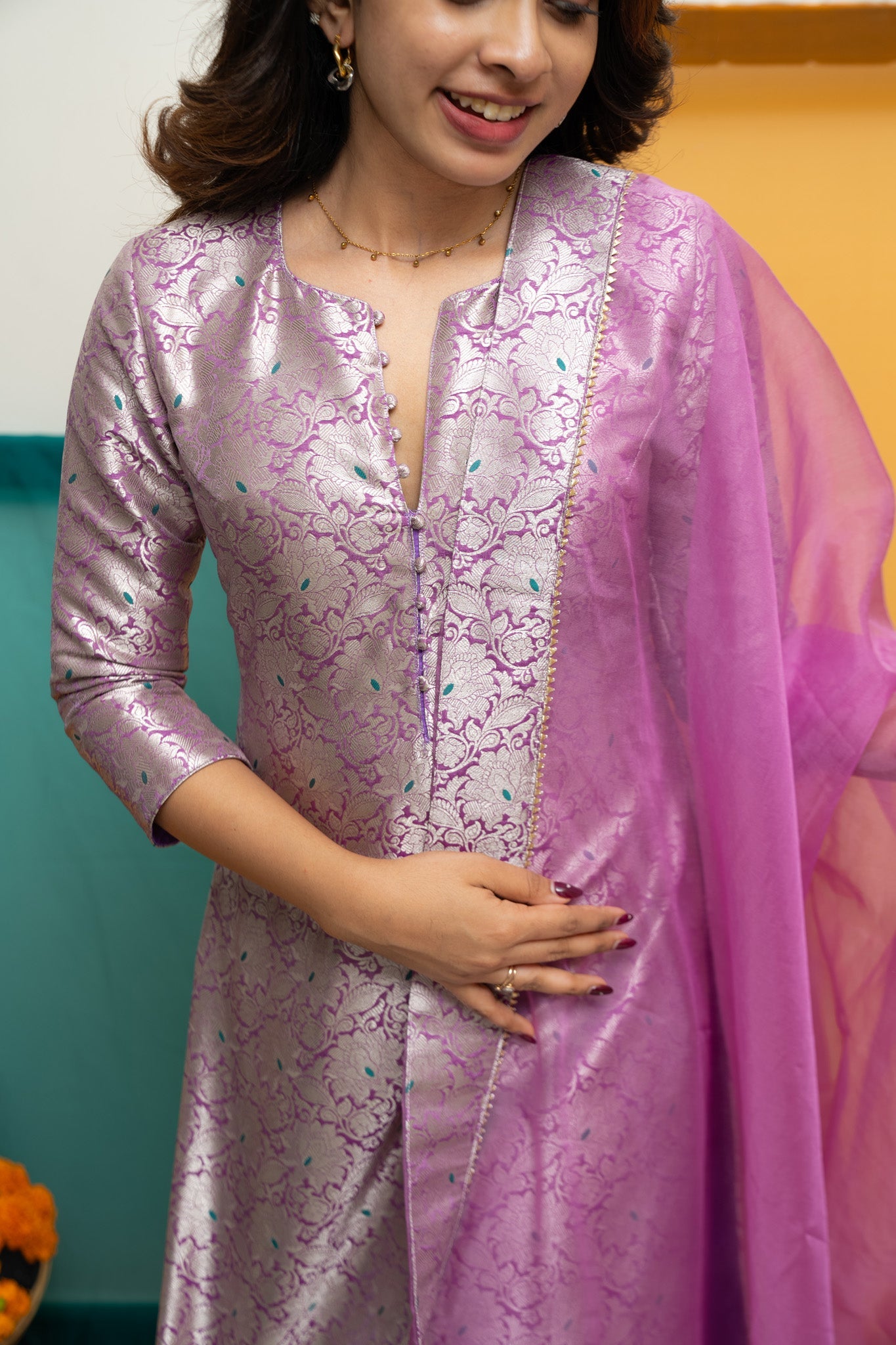 Lavender Jacquard Kurta Set for Women Festive Ethnic Suit with Organza Dupatta