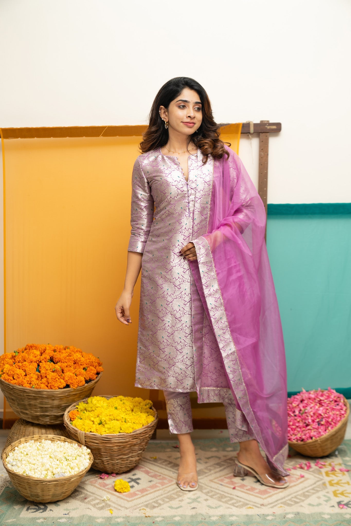 Lavender Jacquard Kurta Set for Women Festive Ethnic Suit with Organza Dupatta