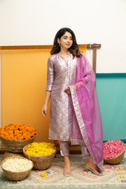Lavender Jacquard Kurta Set for Women Festive Ethnic Suit with Organza Dupatta