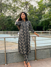 Black Floral Printed Kurta Pant Set for Women Elegant Ethnic Co-ord Suit
