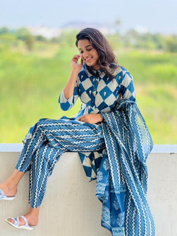TheHandStitch Blue Handblock Printed Kurti Set with Dupatta Stylish Cotton Ethnic Wear for Women